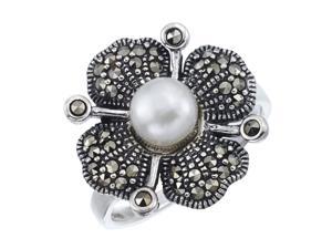 Victoria Crowne Sterling Silver Freshwater Pearl and Marcasite Vintage Flower Ring Victoria Crowne Sterling Silver Freshwater Pearl and Marcasite Vintage Flower Ring