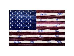 1980 USA Hockey Team Signed American Flag Photo with Inscriptions (16 Signatures) 1980 USA Hockey Team Signed American Flag Photo with Inscriptions (16 Signatures)