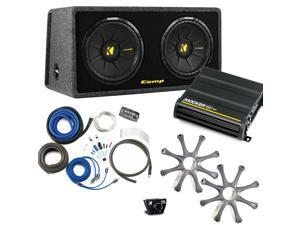 Kicker Bass package - Dual 12" CompS in a ported box with CX600.1 amplifier, wiring kit, grilles, and bass knob. Kicker Bass package - Dual 12" CompS in a ported box with CX600.1 amplifier, wiring kit, grilles, and bass knob.