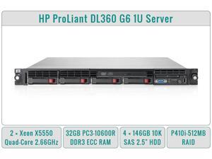 HP ProLiant DL360 G6 1U RackMount 64-bit Server with 2xQuad-Core X5550 Xeon 2.66GHz CPU + 32GB PC3-10600R RAM + 4x146GB 10K SAS SFF HDD, P410i RAID, DVD-ROM, 2xGigaBit NIC, 2xPower Supplies, NO OS HP ProLiant DL360 G6 1U RackMount 64-bit Server with 2xQuad-Core X5550 Xeon 2.66GHz CPU + 32GB PC3-10600R RAM + 4x146GB 10K SAS SFF HDD, P410i RAID, DVD-ROM, 2xGigaBit NIC, 2xPower Supplies, NO OS