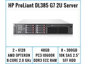 HP ProLiant DL385 G7 2U RackMount 64-bit Server with 2x8-Core 6128 Opteron 2.0GHz CPUs + 48GB PC3-10600R RAM + 8x300GB 10K SAS SFF HDD, P410i RAID, DVD-ROM, 4xGigaBit NIC, 2xPower Supplies, NO OS HP ProLiant DL385 G7 2U RackMount 64-bit Server with 2x8-Core 6128 Opteron 2.0GHz CPUs + 48GB PC3-10600R RAM + 8x300GB 10K SAS SFF HDD, P410i RAID, DVD-ROM, 4xGigaBit NIC, 2xPower Supplies, NO OS