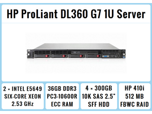 HP ProLiant DL360 G7 1U RackMount 64-bit Server with 2xSix-Core E5649 Xeon 2.53GHz CPUs + 36GB PC3-10600R RAM + 4x300GB 10K SAS SFF HDD, P410i RAID, DVD-ROM, 4xGigaBit NIC, 2xPower Supplies, NO OS HP ProLiant DL360 G7 1U RackMount 64-bit Server with 2xSix-Core E5649 Xeon 2.53GHz CPUs + 36GB PC3-10600R RAM + 4x300GB 10K SAS SFF HDD, P410i RAID, DVD-ROM, 4xGigaBit NIC, 2xPower Supplies, NO OS