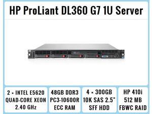 HP ProLiant DL360 G7 1U RackMount 64-bit Server with 2xQuad-Core E5620 Xeon 2.4GHz CPUs + 48GB PC3-10600R RAM + 4x300GB 10K SAS SFF HDD, P410i FBWC RAID, 4xGigaBit NIC, 2xPower Supplies, NO OS HP ProLiant DL360 G7 1U RackMount 64-bit Server with 2xQuad-Core E5620 Xeon 2.4GHz CPUs + 48GB PC3-10600R RAM + 4x300GB 10K SAS SFF HDD, P410i FBWC RAID, 4xGigaBit NIC, 2xPower Supplies, NO OS