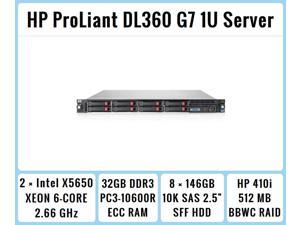 HP ProLiant DL360 G7 1U RackMount 64-bit Server with 2xSix-Core X5650 Xeon 2.66GHz CPUs + 32GB PC3-10600R RAM + 8x146GB 10K SAS SFF HDD, P410i RAID, 4xGigaBit NIC, 2xPower Supplies, NO OS HP ProLiant DL360 G7 1U RackMount 64-bit Server with 2xSix-Core X5650 Xeon 2.66GHz CPUs + 32GB PC3-10600R RAM + 8x146GB 10K SAS SFF HDD, P410i RAID, 4xGigaBit NIC, 2xPower Supplies, NO OS