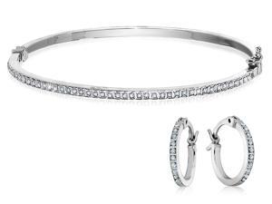 Diamond Round Hinged Hoop Earrings & Oval Hinged Bangle Set in Sterling Silver (1/2 Inch, 2 3/4 Inch) Diamond Round Hinged Hoop Earrings & Oval Hinged Bangle Set in Sterling Silver (1/2 Inch, 2 3/4 Inch)