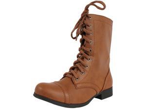 Girls Tan Combat Lace-Up Riding Mid-Calf Boots Soda Relax Tan PU Girls Tan Combat Lace-Up Riding Mid-Calf Boots Soda Relax Tan PU