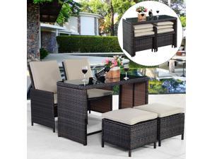 5PCS Brown Cushioned Ottoman Rattan Patio Set Outdoor Furniture Garden 5PCS Brown Cushioned Ottoman Rattan Patio Set Outdoor Furniture Garden