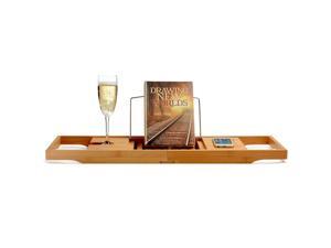 Bambüsi By Belmint 100% Bamboo Bathtub Caddy with Extendable Sides, Cellphone Tray & Integrated Wineglass Holder Bambüsi By Belmint 100% Bamboo Bathtub Caddy with Extendable Sides, Cellphone Tray & Integrated Wineglass Holder