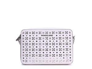 MICHAEL Michael Kors Jet Set Travel Large Ew Crossbody Flora Perf Saffiano Leather Shiny Rhodium, Color White/Silver MICHAEL Michael Kors Jet Set Travel Large Ew Crossbody Flora Perf Saffiano Leather Shiny Rhodium, Color White/Silver