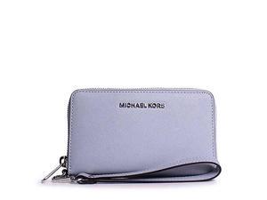 MICHAEL Michael Kors Jet Set Travel Large Flat Multi-Function Phone Case Saffiano Leather Shiny Rhodium, Color Dusty Blue MICHAEL Michael Kors Jet Set Travel Large Flat Multi-Function Phone Case Saffiano Leather Shiny Rhodium, Color Dusty Blue
