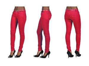 C'est Toi 4 Pocket Belted Solid Color Skinny Jeans-Red-0 C'est Toi 4 Pocket Belted Solid Color Skinny Jeans-Red-0