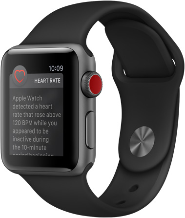 Apple Watch Series 3 in black facing to the left, showing the heart rate window