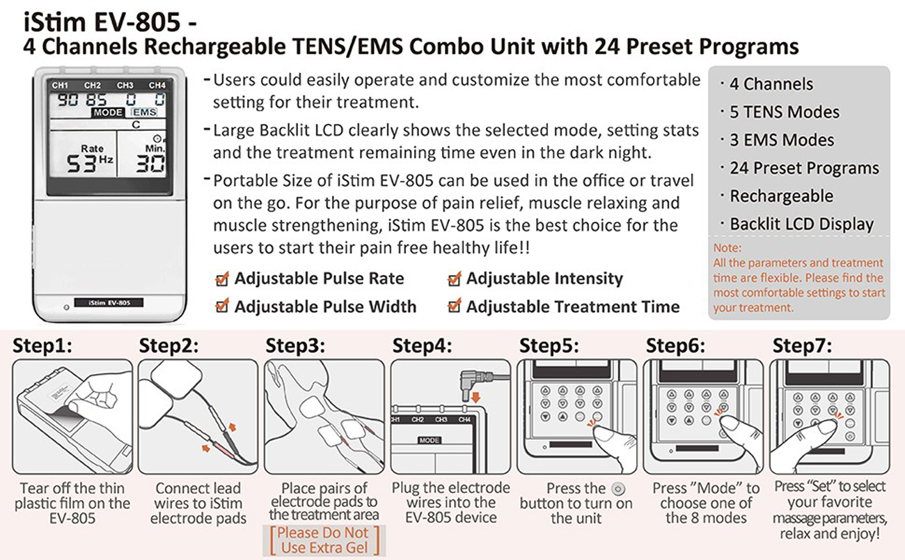 Istim Tens Ems Ev 805 4 Channel Rechargeable Machine Electrical Muscle Stimulator For Pain Relief 24 Programs Adjustable Pulse Rate Width Backlit 24 Pcs Premium Electrode Pads Japanese Gel Newegg Com