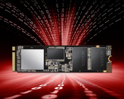 The XPG SX8200 Pro SSD facing forward with a red expanse graphic behind it