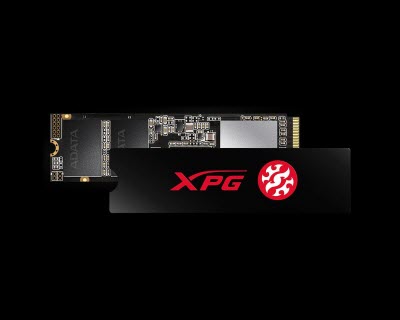 The XPG SX8200 Pro SSD with its black heat sink sleeve in front of it