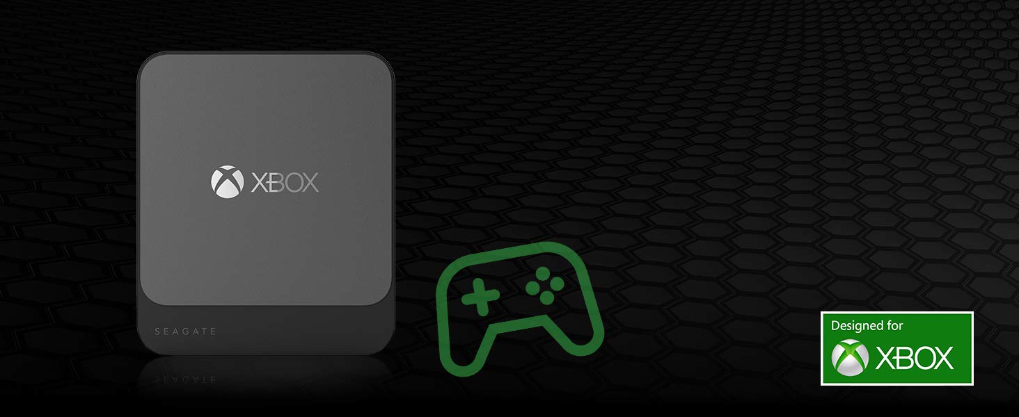 Seagate Game Drive for Xbox 500GB USB 3.0 SSD Next to a Game Controller Icon and the Designed for Xbox Logo