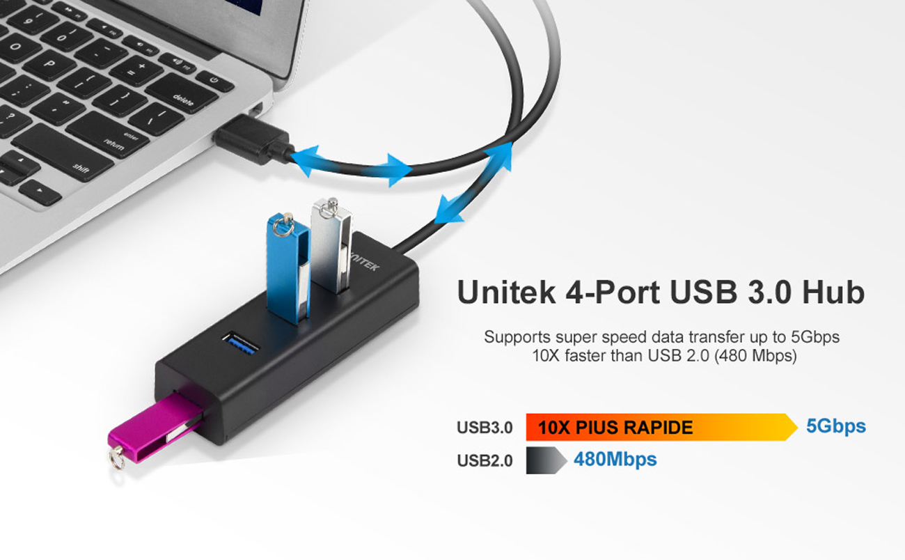 Unitek 4-Port USB 3.0 Hub Long Cable 48-inch with Micro USB 