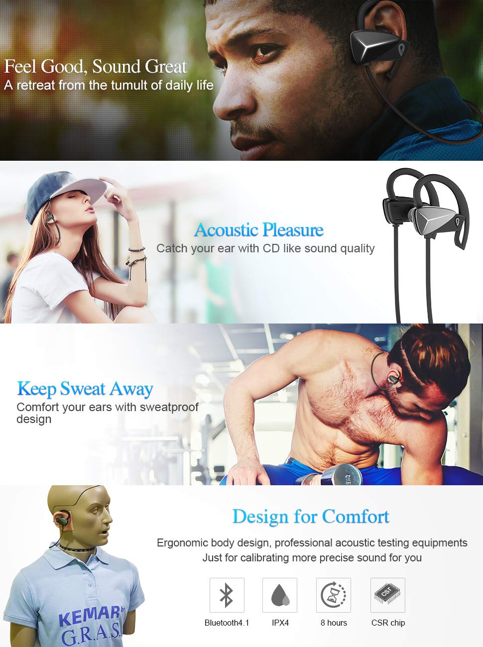 DOSS BE1 Bluetooth 4.1 Sport Earbuds Sweat-Proof Wireless Earphone