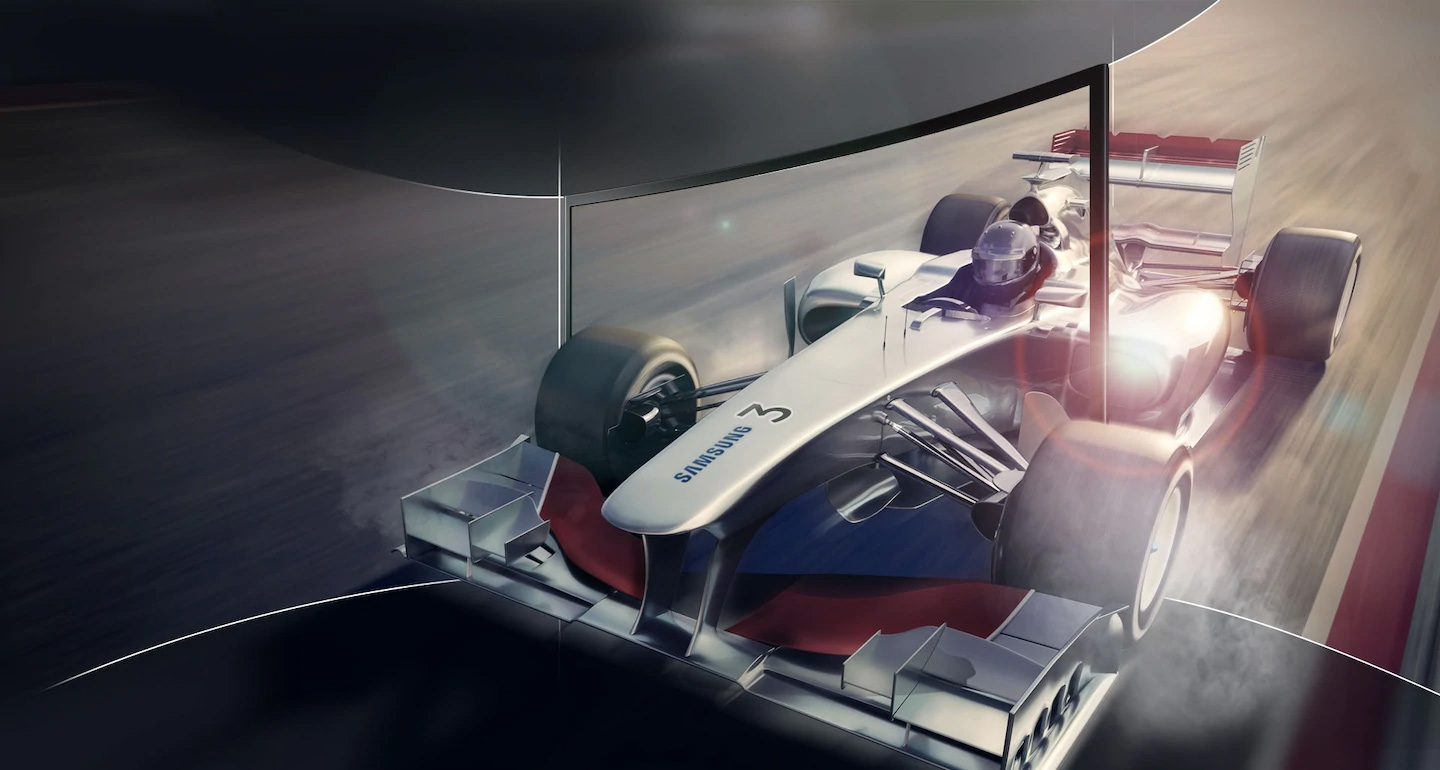 Samsung-branded racing car coming up, down to the left