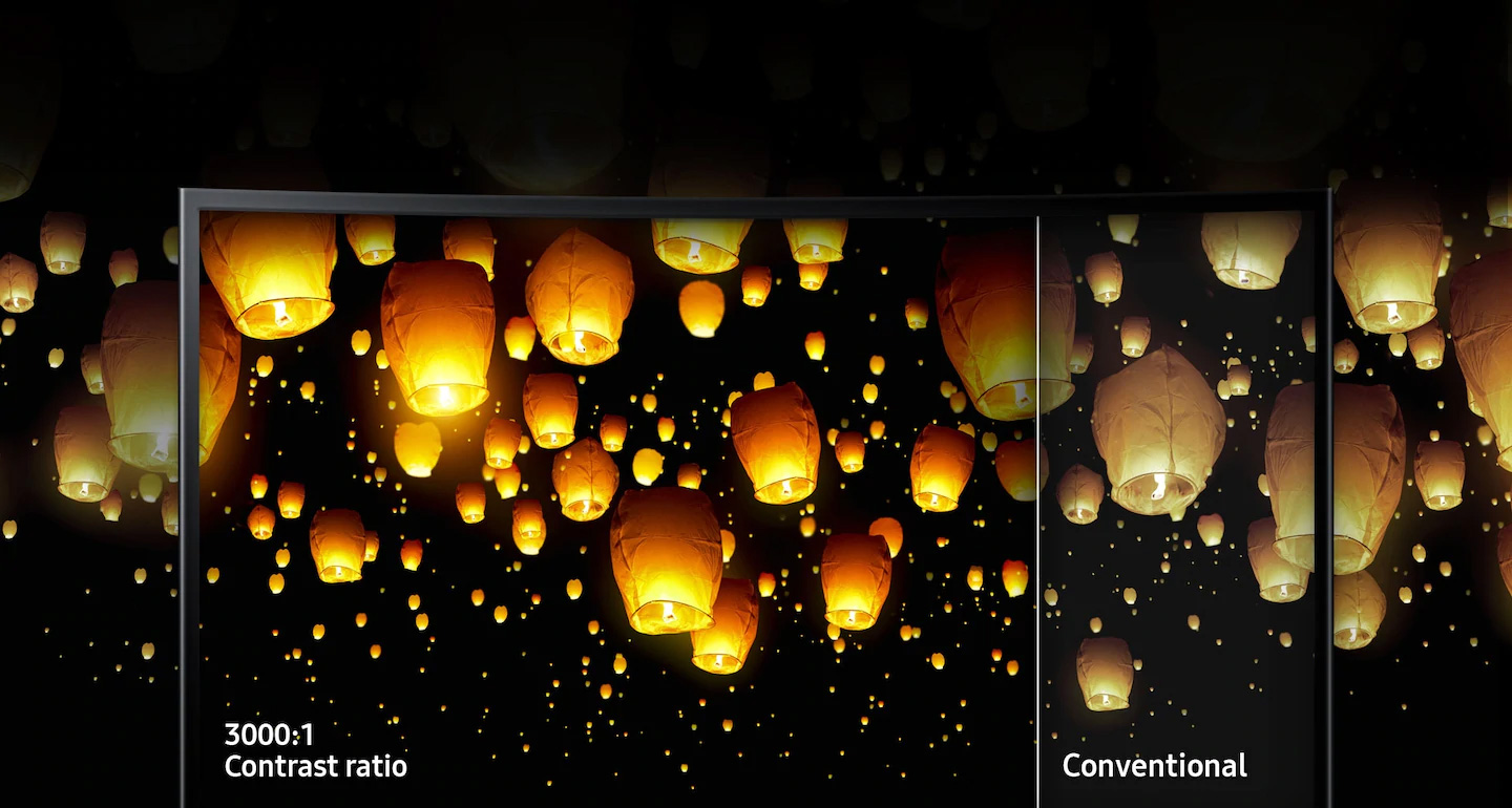 Samsung LC27F396FHNXZA Monitor Screen Showing Floating Fire-Powered Lanterns with a color comparison between conventional and 3,000:1 contrast ratio