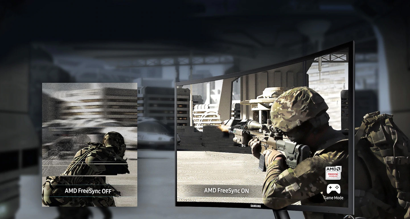 3rd Person Video Game Military Shooter screenshot with AMD FreeSync Off and On comparisons. The samsung monitor is inside one part of the screenshot.