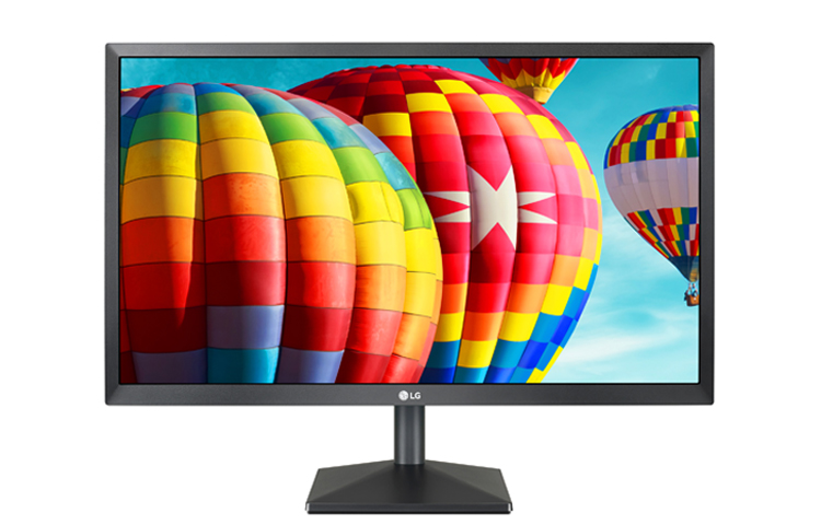 LG 24BK430H-B Monitor Facing Forward with Rainbow-Colored Air Ballons in the Sky