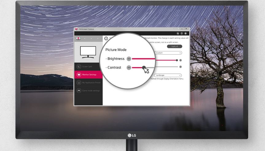 LG 24BK430H-B Monitor Facing Forward with On-Screen Control Software Window Open
