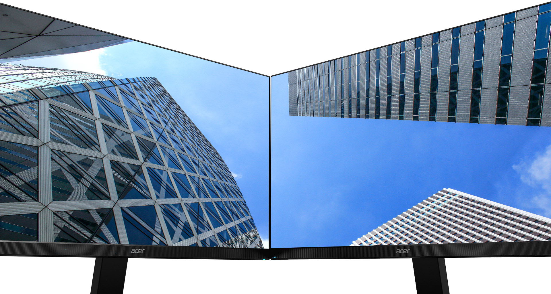  a building view image as screen cross two monitors