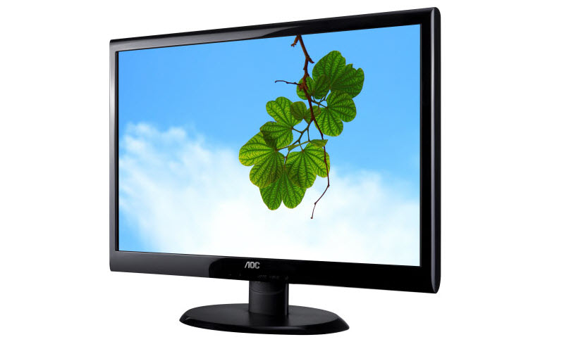 AOC E2050SWD monitor facing slightly to the left showing four-leaf clovers hanging down in front of blue sky with a white cloud