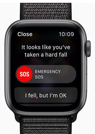 Apple Watch Series 4 facing forward with the emergency SOS feature on screen