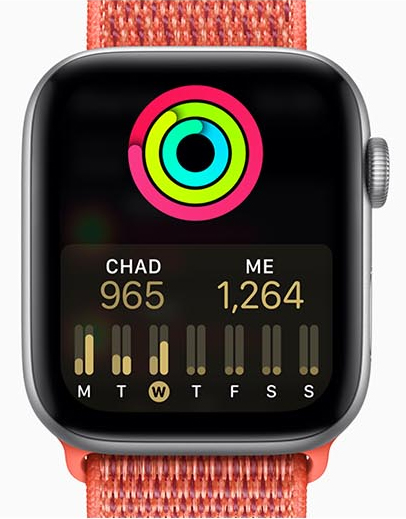 Apple Watch Series 4 with a pink band facing forward showing a user-comparison activity chart