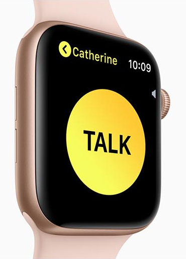 Apple Watch Series 4 facing right with a yellow circle that has text that reads TALK. The name Catherine is above the circle