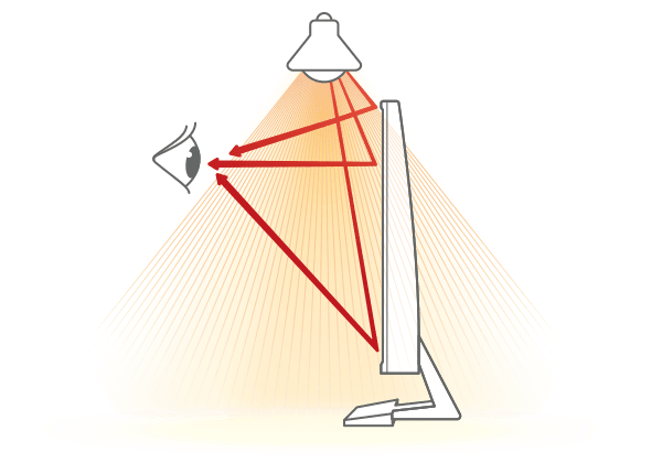 diagram drawing of a BenQ ScreenBar Plus on a monitor facing to the left next to graphics of a lamp light pointing down, and an eye looking forward