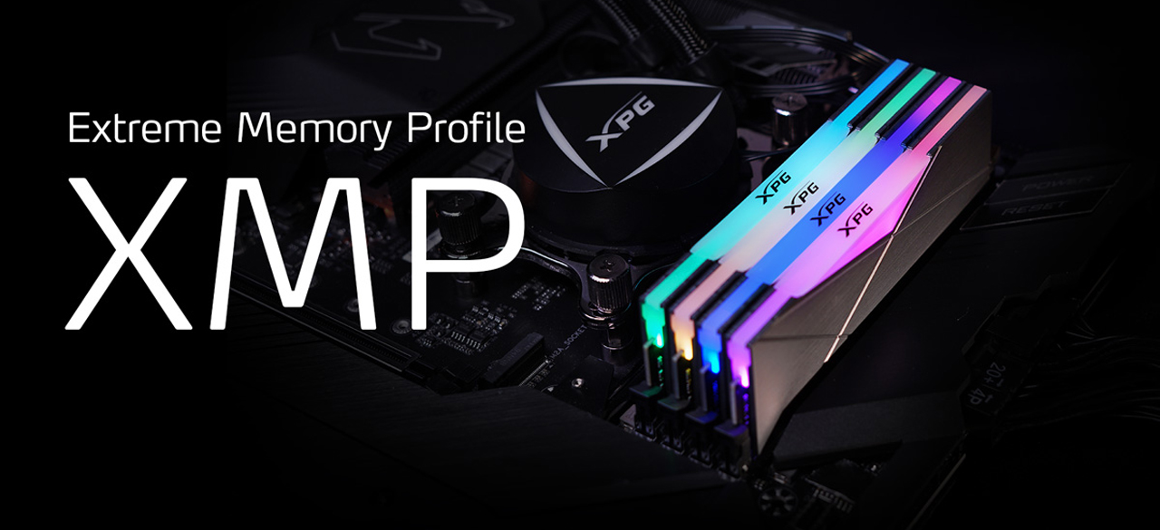 Extreme Memory Profile XMP text is next to four illuminting memory modules on motherboard.