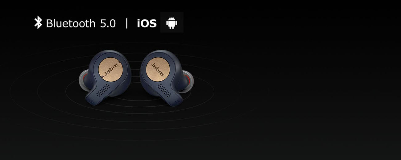 Bluetooth 5.0, iOS and android logos above the jabra earbuds