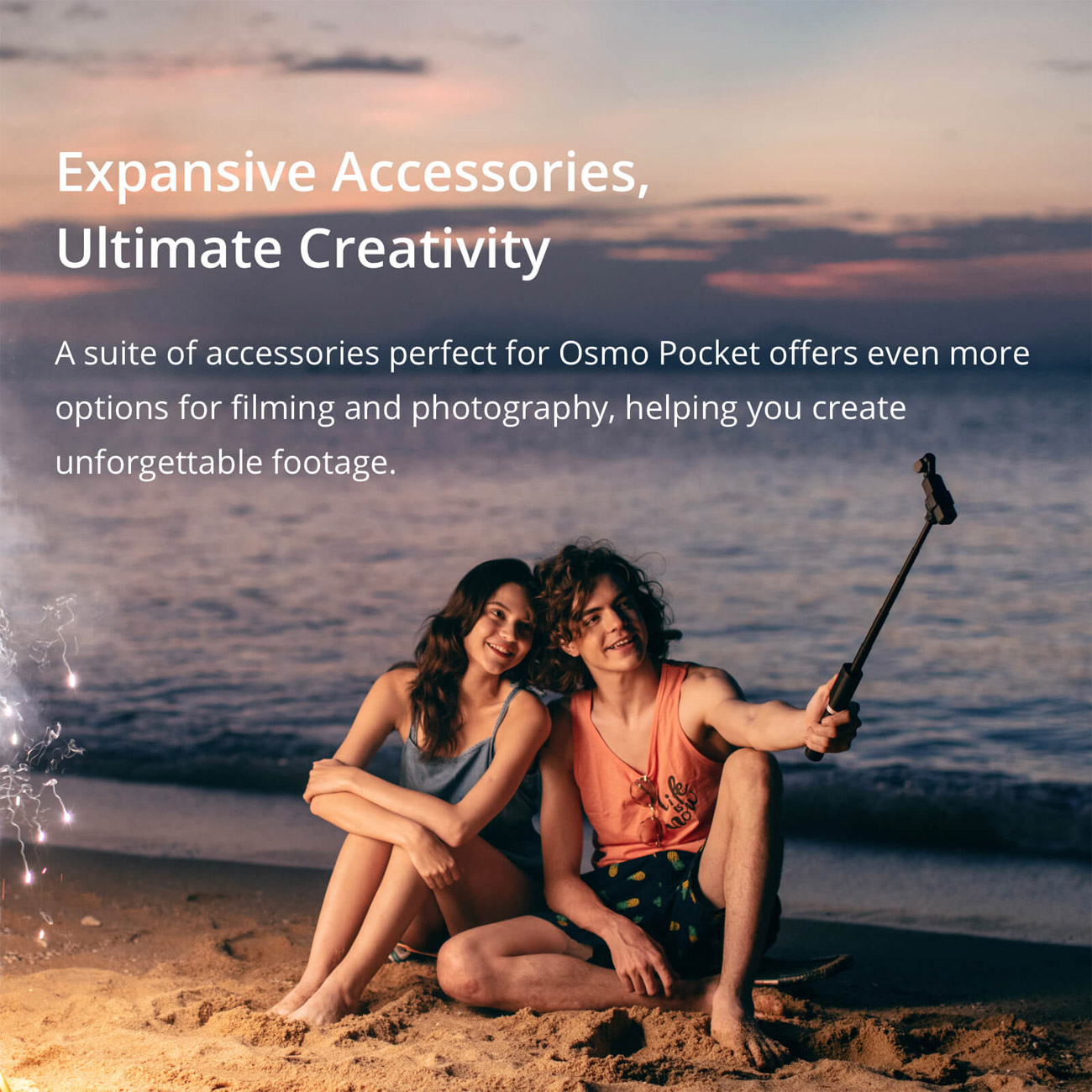 Expansive Accessories, Ultimate Creativity banner showing a boy and girl on the beach at sunset taking a selfie. The banner text reads: A suite of accessories perfect for Osmo Pocket offers even more options for filming and photography, helping you create unforgettable footage.