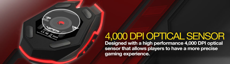 Text that reads: 4,000 DPI OPTICAL Sensor designed with a high performance 4,000 DPI optical sensor that allows players to have a more precise gaming experience. To the left of the text is the Viper V530 Gaming Mouse upside down angled up to the right