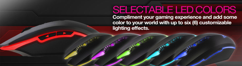 Text that reads: SELECTABLE LED COLORS - Compliment your gaming experience and add some color to your world with up to six customizable lighting effects. Below the text are six Viper V530 Gaming Mouses, from left to right they are colored: red, yellow, pink, green, light blue and dark blue