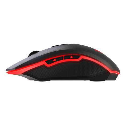Side profile of the Viper V530 Gaming Mouse in red lighting lying flat facing to the left