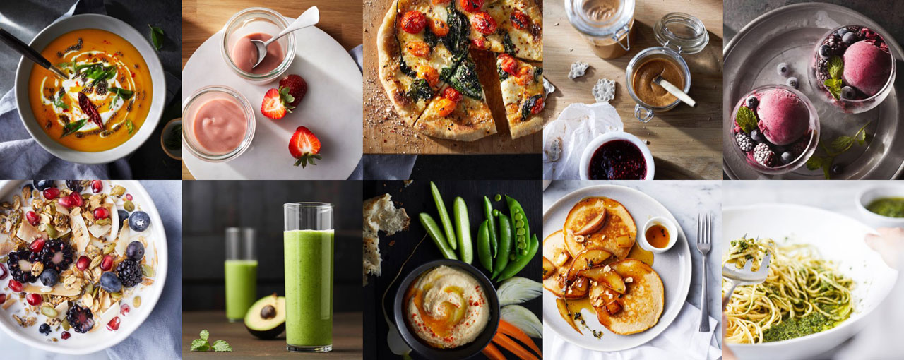 A collection of images showing the different foods that can be made with the blender, such as soups and smoothies