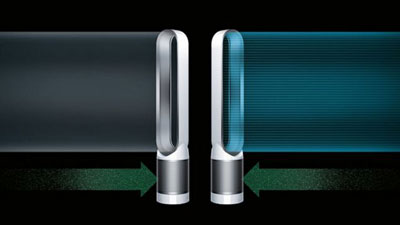   Two Dyson TP02, with the left on in purifier mode, and the right one in purifier + cooling fan mode 