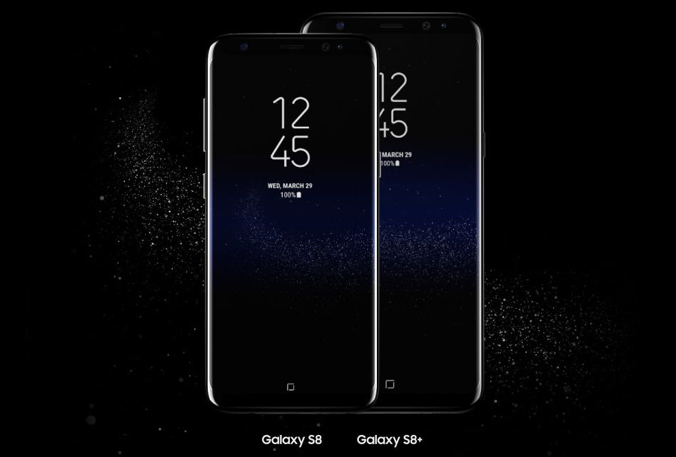Galaxy S8 and Galaxy S8+ Phones Facing Forward Blending with a Space Background