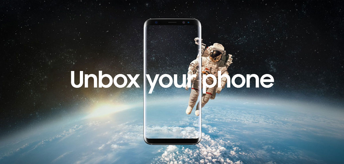 Samsung Galaxy S8 S8+ Blending with the Image of an Astronaut Floating in Space Above Earth Along with Text That Reads: Unbox your phone