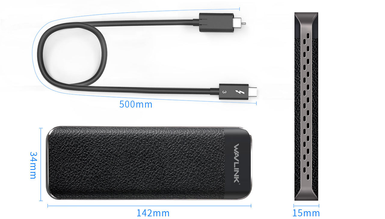  Front and side view of the enclosure, and top view of the cable, with numbers pointing out their dimensions  
