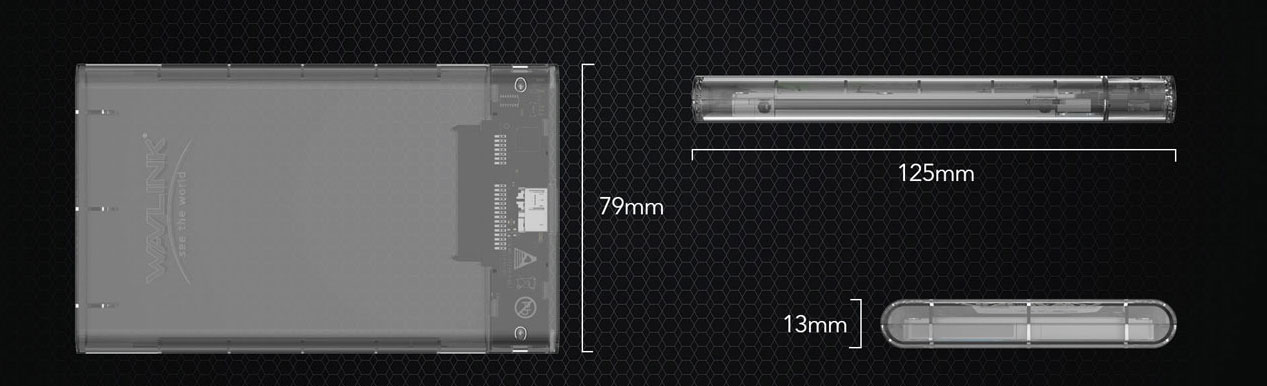  Top view, side view and front view of the enclosure, with its dimensions marked out  