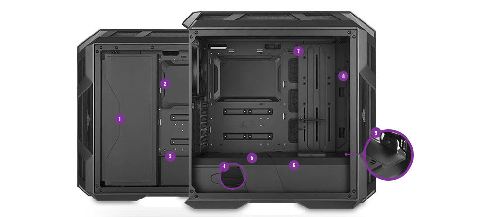 Cooler Master MasterCase H500 Cases Facing Left and Right with Their Side Panels Removed