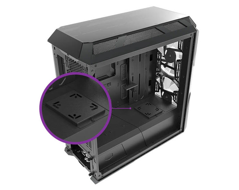 liquid-cooling inside an open Cooler Master MasterCase H500 Case angled away to the right