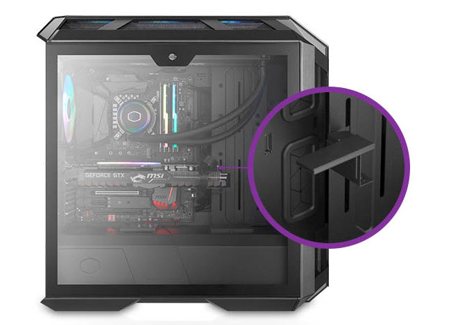 graphics-card support arm inside the Cooler Master MasterCase H500 Case facing to the right