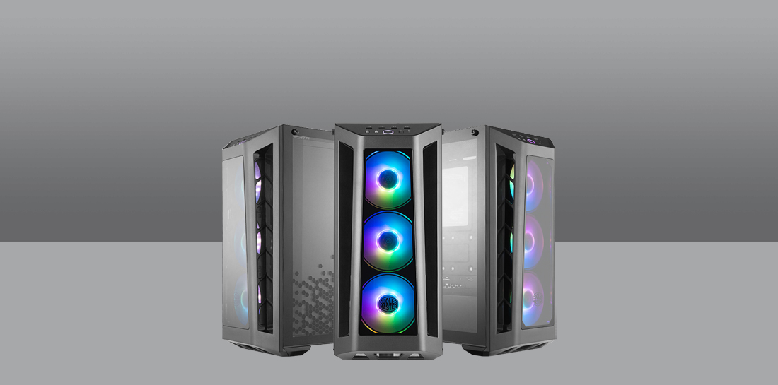 Three Cooler MasterBox MB530P Cases with RGB-Lit Fans, Angled Left, Forward and to the Right