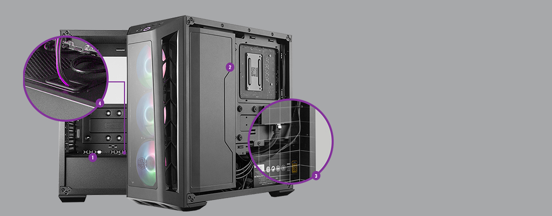 Cooler Master MasterBox MB530P Cases Facing Right and Angled to the Left with Hotspots Showing Cable-Routing Options in the Case